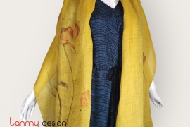 Yellow ramie scarf hand-painted with lotus